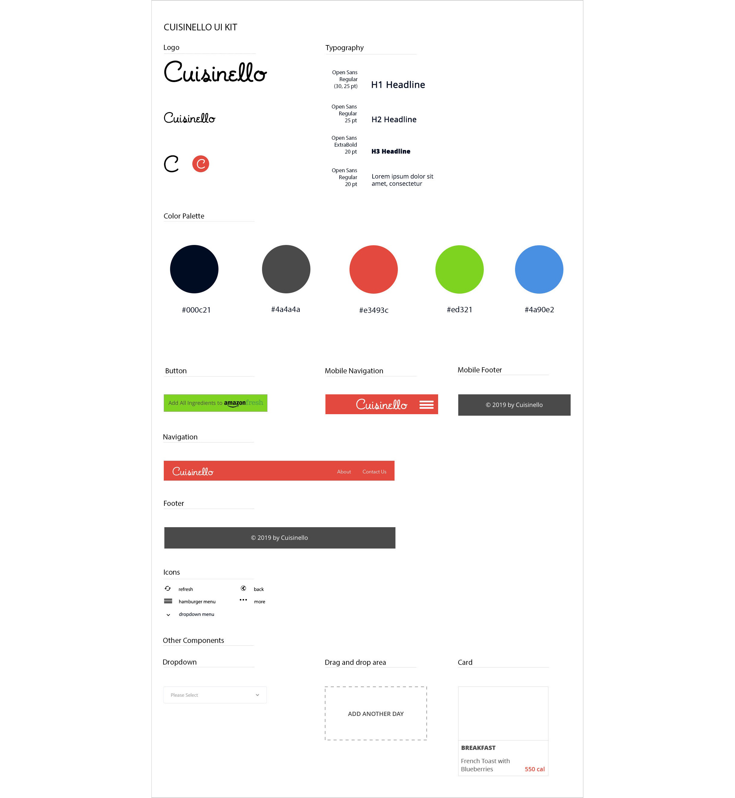 A UI kit including a logo, typography, a color palette, mobile navigation, buttons, links, and icons