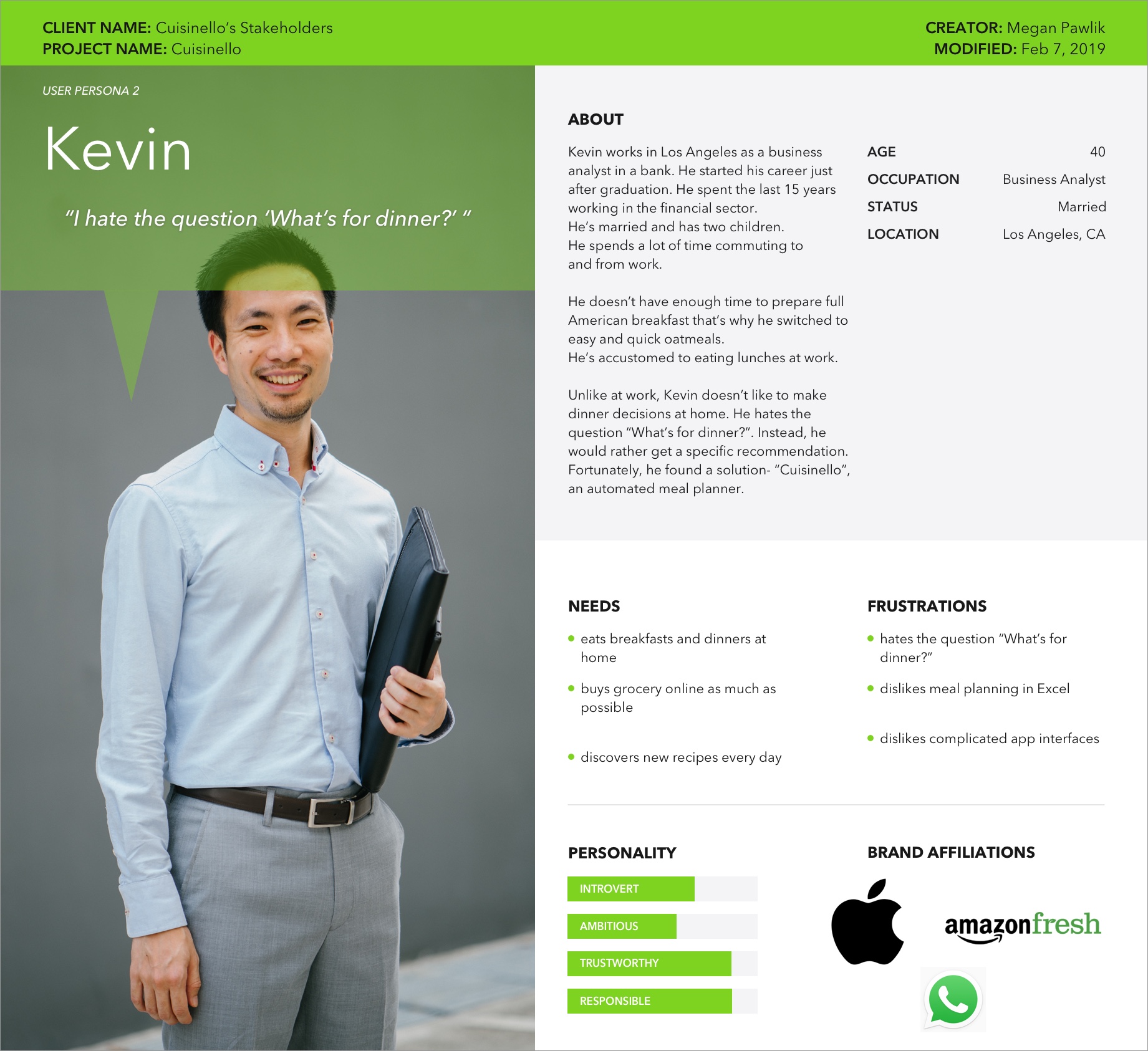 The second user persona named Kevin – a business analyst, his personality, needs, and frustrations