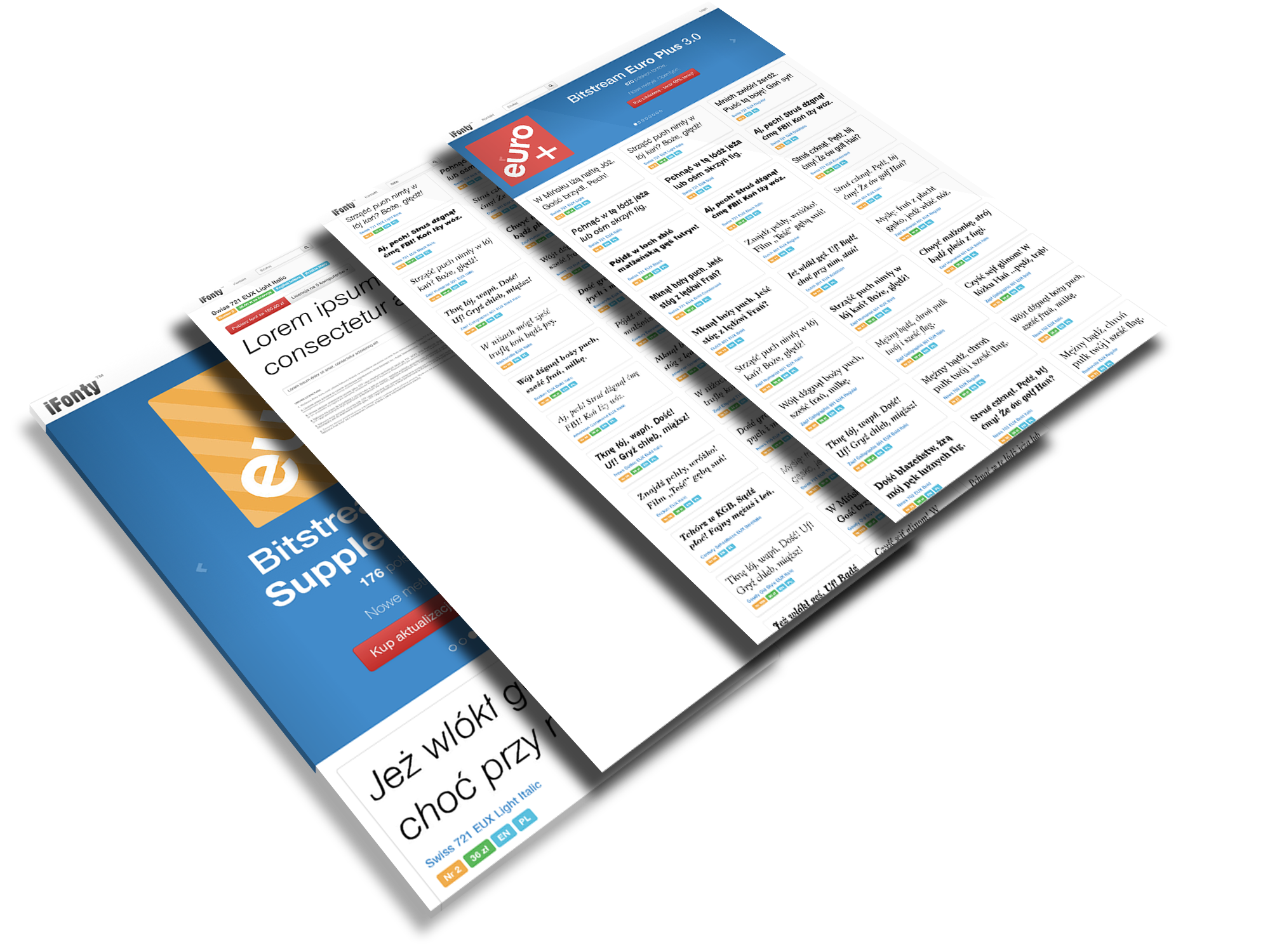 Four images of website screens showing examples of different fonts in sentences