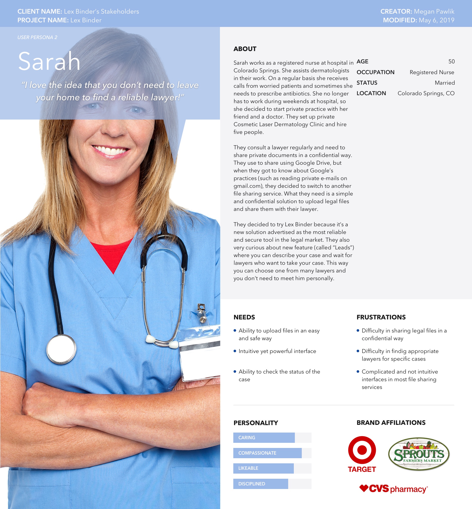 The second user persona named Sarah – a nurse, her personality, needs, and frustrations