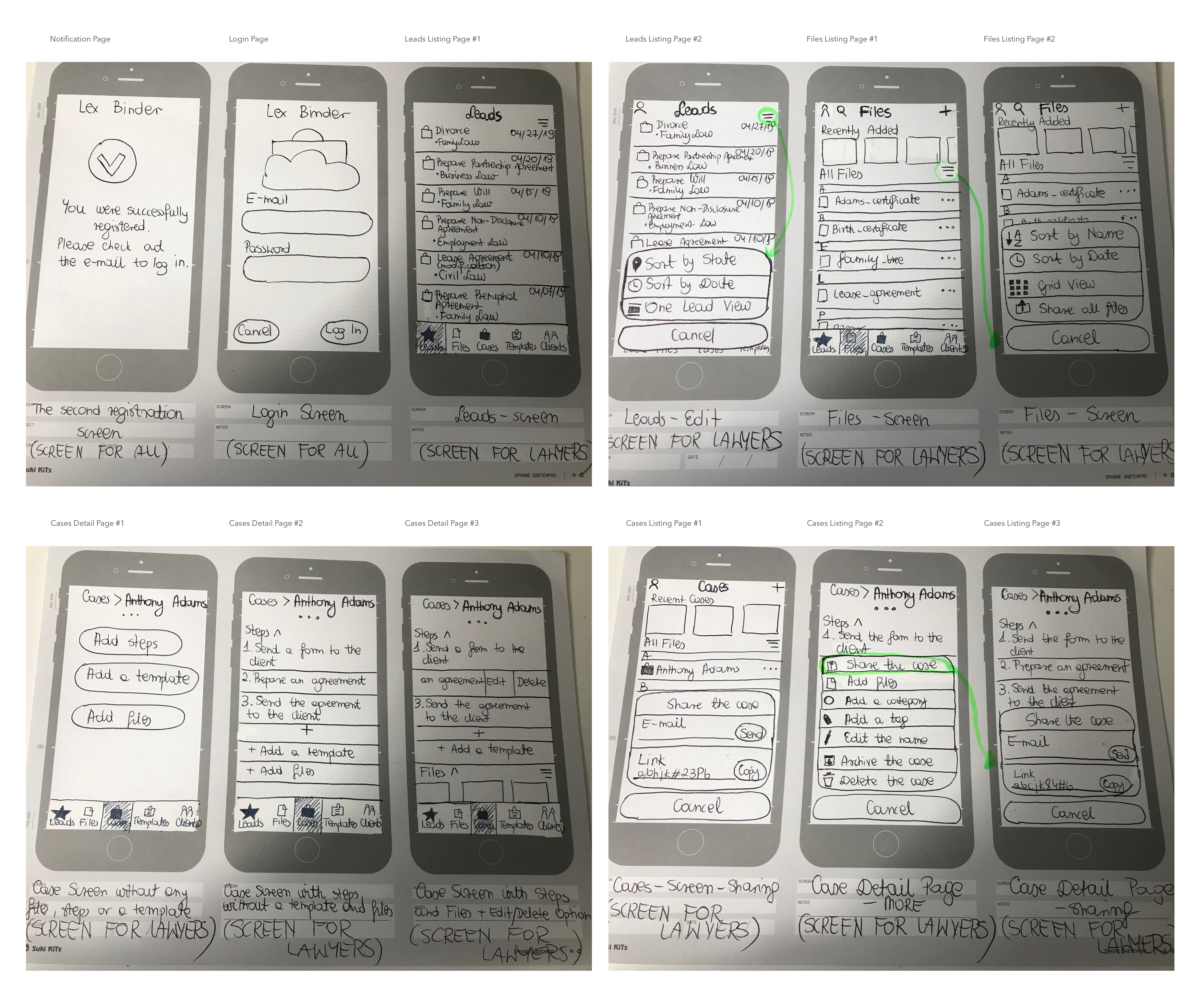 Initial sketches of screens