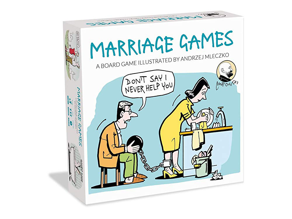 A board game box illustrating a woman washing dishes and a man holding a heavy iron ball chained to her leg